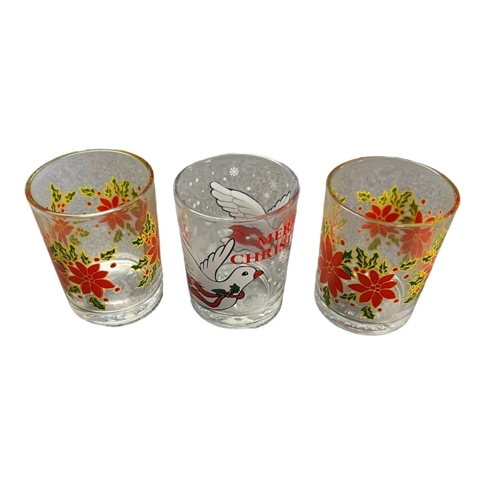 Vintage Made in Taiwan Glass Votive Candle Holders - Poinsetta Dove